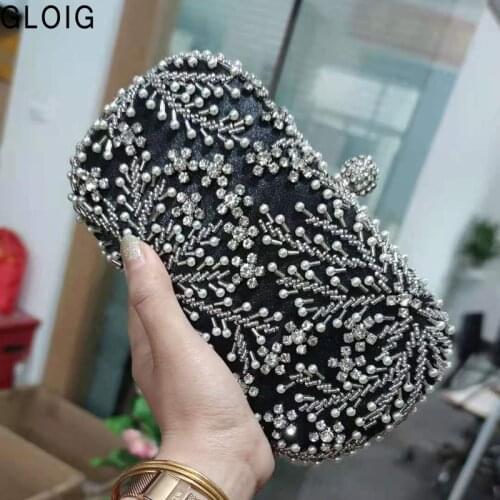 Vintage Beading Women Clutch Diamonds Satin Evening Bags Party Wedding Female Handbags Chain Shoulder Purse