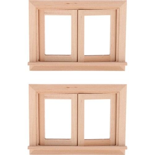 Vintage 1/12 Unpainted Wood 2-Pane Window Frame (Pack of 2 Pieces) for Dolls House Room Fairy Garden Decor