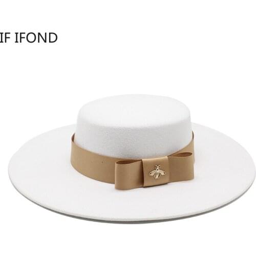 2022 Autumn Winter French Ladies White Bownot Flat Top Fedora Hat 10CM Brim Banquet Elegant Felt Hat Wedding Dress Cap