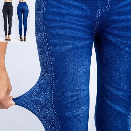 Women 2021 Imitation Distressed Denim Jeans Leggings Casual High Waist Slim Elastic Pencil Pants Fitness Workout Fashion Legging
