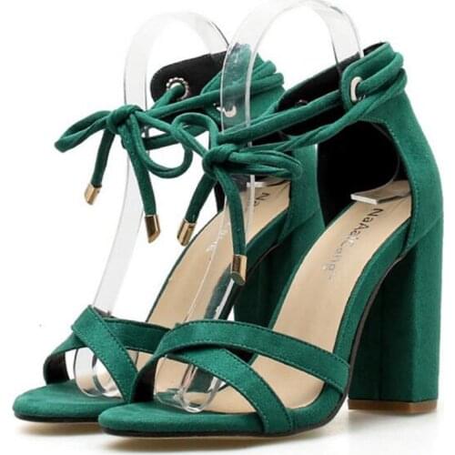 Women Sandals Summer Lace-Up Fashion High Heels Peep Toe Shoes Female Square Heel Ladies Sandals Green Black Size 35-40
