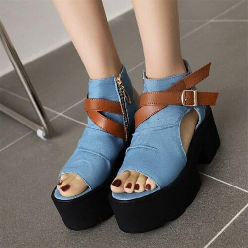PXELENA Cool Street Thick Sole Platform Denim Sandals Women Belt Cross Tied Hollow Out Chunky High Heels Platform Gothic Punk 43