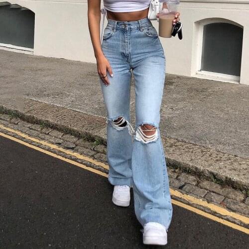Womens Jeans Wide-Leg Trousers Ripped Casual Jeans Flared Pants Fashion Street Jeans Retro Denim Straight-Leg Pants