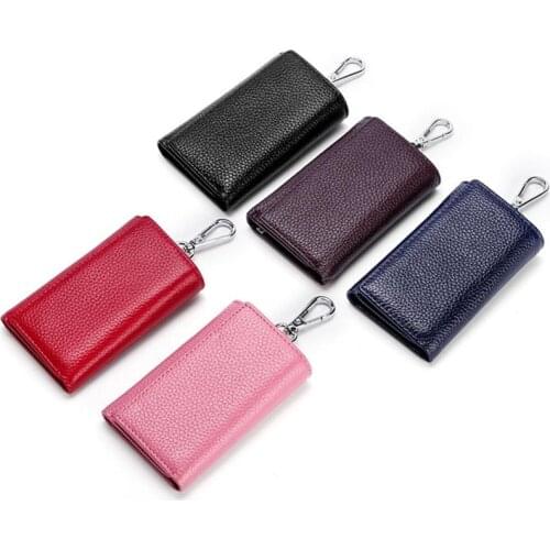 Women Men Genuine Leather Key Wallets Three Fold Key Purse Car Key Holders 6 Ring Buckle Key Case Housekeeper Holder