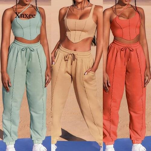 Women 2021 Summer New Crop Tops Cargo Pants Set Sexy Solid Sleeveless Casual Straight Trousers Two Piece Suit Sportswear Outfits