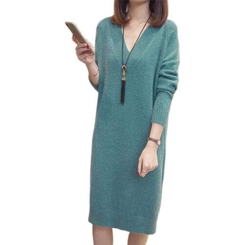 Autumn Winter 2021New Loose Long Sleeve V-neck Knitwear Sweater Women Pullover Mid-length Casual Jumper Female Sweater Tops