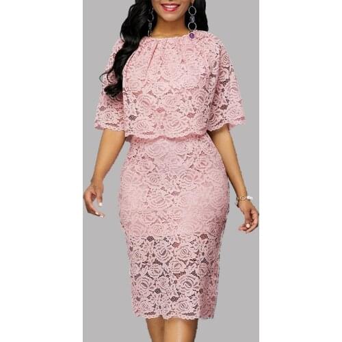 2021 Sexy Slim Dress Round Neck Lace Cutout Dress Female Elegant Five-point Sleeves Slim Party Dress Female Vestidos M-5XL