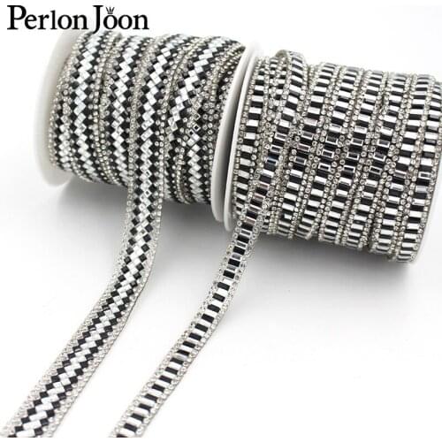 1 yard Black and white style glass ribbon crystal Rhinestone Tape trim Hot Fix Iron On Appliques for Dress shoe adornment TR132