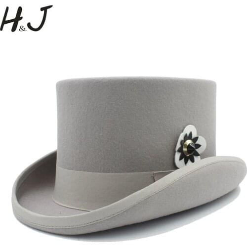 13.5cm(5.3inch) Women Wool Steampunk Top Hat Lady Victorian Fedoras Hat Beaver Hat With Flower