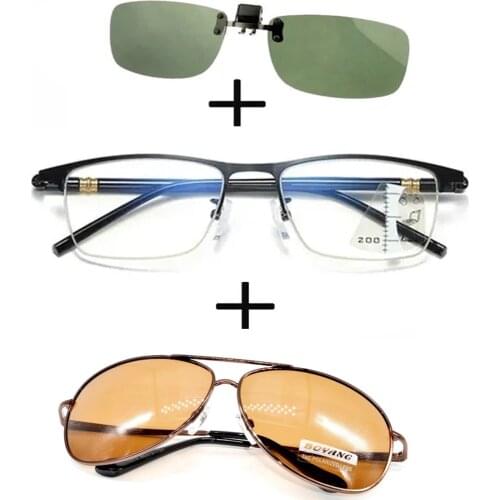 3Pcs!!! Progressive Far and Near Business Reading Glasses for Men Women + Polarized Sunglasses Rectangular + Sunglasses Clip
