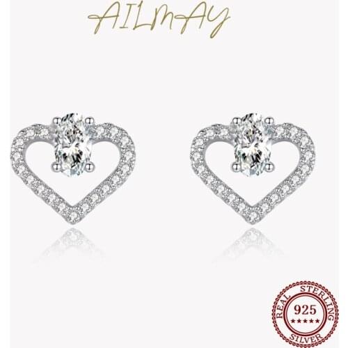 Ailmay Authentic 925 Sterling Silver Sweet Clear Zircon Heart Stud Earrings For Women Wedding Statement Fine Silver Jewelry