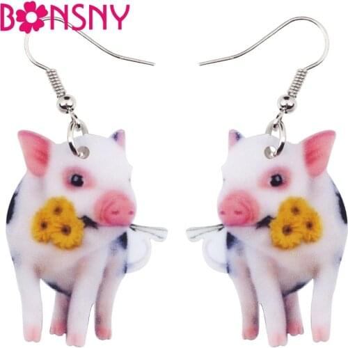 Bonsny Acrylic Flower Pink Pig Piggy Earrings Big Long Dangle Drop Cute Animal Jewelry For Girls Women Ladies Teens Accessories