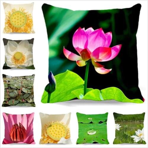 Beautiful Lotus Decorative Cushion Covers Cute Cotton Polyester Square Throw Pillow Covers Colorful Pillow Case
