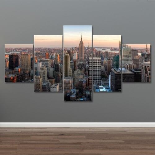 Manhattan Usa 5 Piece Modern New York City Skyscrapers Landscape Skyline Cityscape Painting In Canvas Home Decor Wall Art Poster