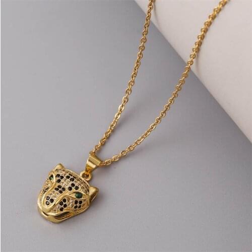 Trendy Female Zircon CZ Copper Metal Leopard Head Pendants Necklaces For Women Gold Color Stainless Steel Chain Necklace Jewelry