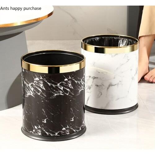 Marbling Metal Leather Trash Can Home Decoration Trash Basket Metal Phnom Penh Storage Bucket Round Without Cover Waste Bins