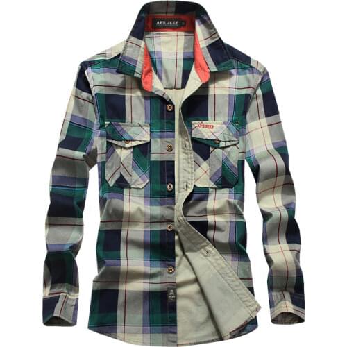 Spring New Mens Long-Sleeved Shirt Military Large Size Loose Cotton Mens Casual Plaid Outdoor Quipment Shirt Quality Men