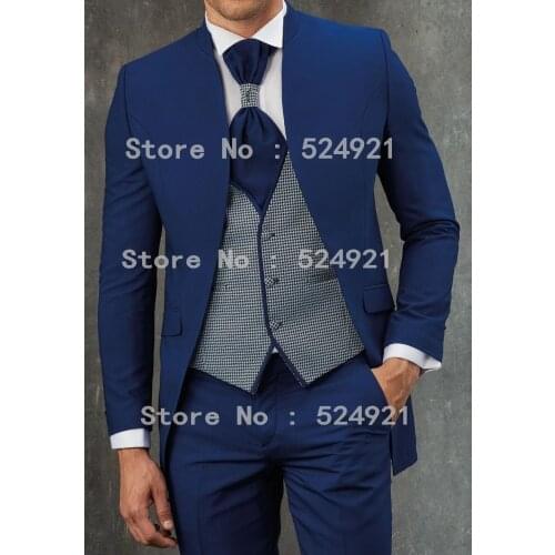 Men Suits Navy Blue with Houndstooth Groom Tuxedos Mandarin Lapel Groomsmen Wedding Best Man ( Jacket+Pants+Vest+Tie ) C711