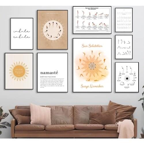 Sun Salutation Prints Surya Namaskar Yoga Poster, Buddha Quote Canvas Painting Wall Art Pictures Boho Style Home Room Decoration