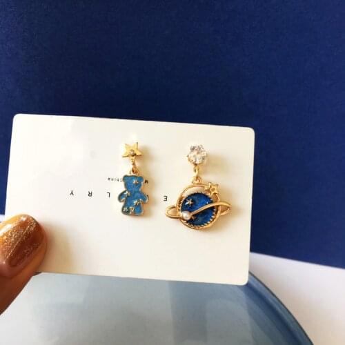 Cartoon bear earrings personality beautiful planet asymmetric earrings girls wild