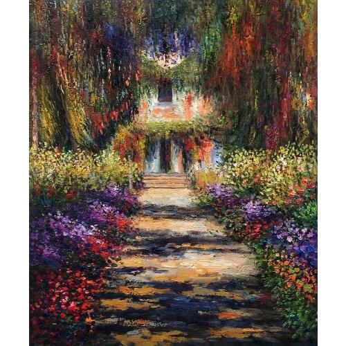 Thick Textured Oil Painting Modern Canvas Wall Art Landscape Painting Monets Garden Path at Giverny by Claude Monet Handpainted
