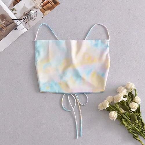 2021 Summer Women Satin Tie dye Square Collar Backless Sexy Camis Top Female Fashion Casual Crop Top Ladies Top