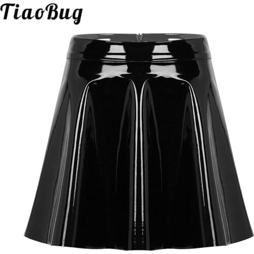 Women Wet Look Black PU Leather High Waist Casual Fashion Flared Pleated A-Line Circle Mini Skater Skirt Club Party Rave Costume