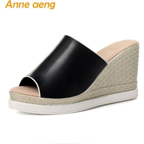2019 New Summer Outside Women Slippers High Wedges Heel Peep Toe Fashion Casual Women Platform Shoes Black Female Mules Slides