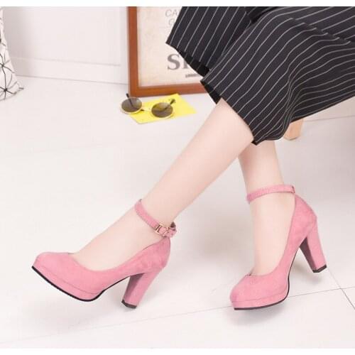 2019 spring and summer new round head with womens single shoes ankle straps high heels big size womens shoes
