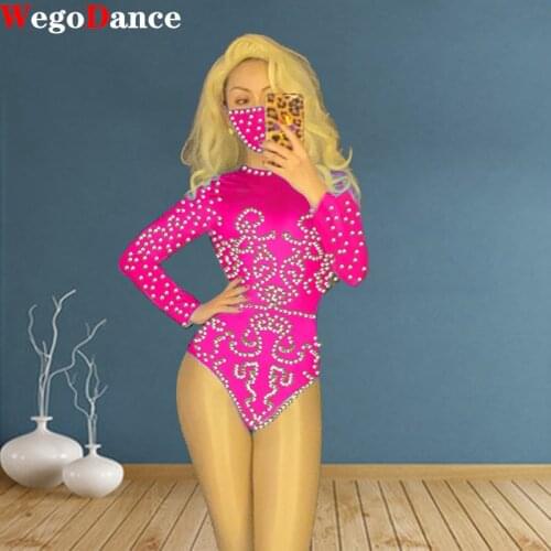 New Women Long Sleeve Jumpsuit Dance Costume Big Print Crystals Bodysuit Party Stage Wear Show Sexy Outfit