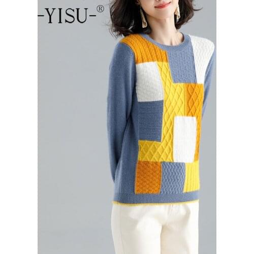 YISU Women Sweater Winter Warm Tops Long sleeve O-Neck Casual Knitted pullover Loose Stitching color Wool Female Jumper Thick