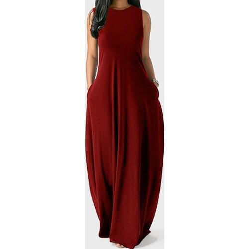 WomenS Sleeveless Loose Draw Back Plain Maxi Long Dresses Casual Loose Wave Fold Vest Long Dress With Pockets Holiday Vocation