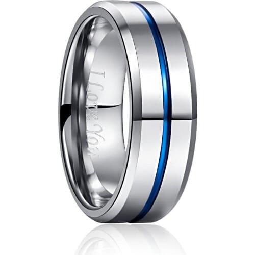 8MM Width Tungsten Carbide Ring 2.3MM Thick Steel Color Full Polished Blue Groove Angled Tungsten Steel Mens Ring