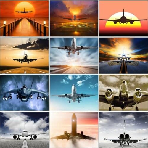 AZQSD Full Square Diamond Embroidery Aircraft Sunset Mosaic Picture Of Rhinestones Diamond Painting Scenic Needlework Home Decor