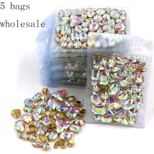 Free shipping Wholesale 5 bags mixed shape sew on glass crystal AB gold base rhinestones diy dress/Clothing accessories