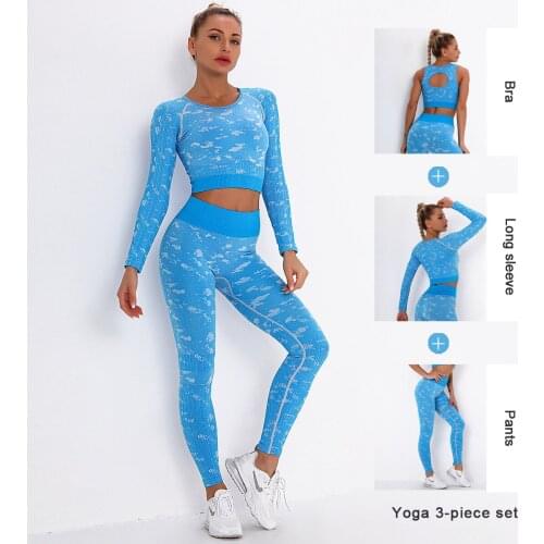 Seamless Women Yoga Sport Suit Long Sleeve Workout Outfit Crop Top Sports Bra High Waist Leggings Gym Set Female Fitness Clothes