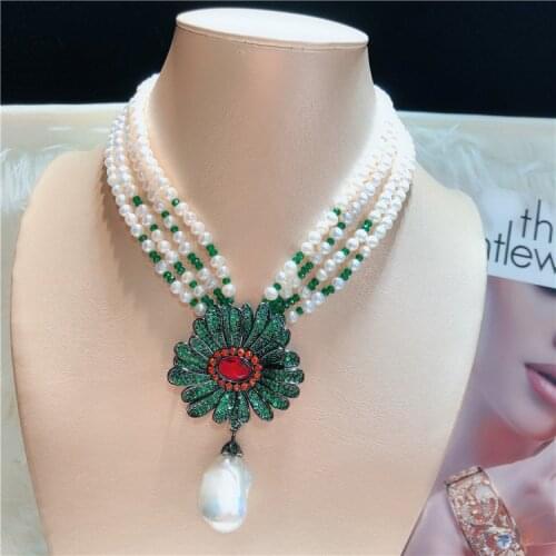 17-18" 4 Strands White Keshi Pearl Jade Gems Stone Necklace CZ Pave Pendant