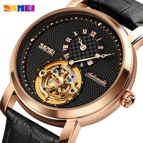 SKMEI Classic Mens Watches Automatic Mechanical For Male Wristwatches Gifts Creative Leather Strap Waterproof Clock Reloj Hombre