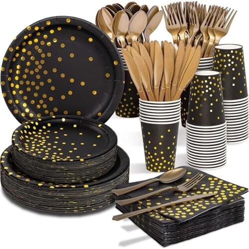 Black Gold Party Disposable Tableware Set Dinner Salad Plate Cups Straws Tablecloth for Birthday Wedding Birthday Party Supplies