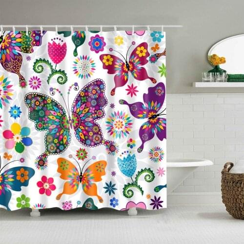 Duschvorhang mit 12 Haken, Gelb auf weißem Hintergrund, Blau mit schönen Schmetterlingen und Blumen, langlebiger Stoff, Schimmel