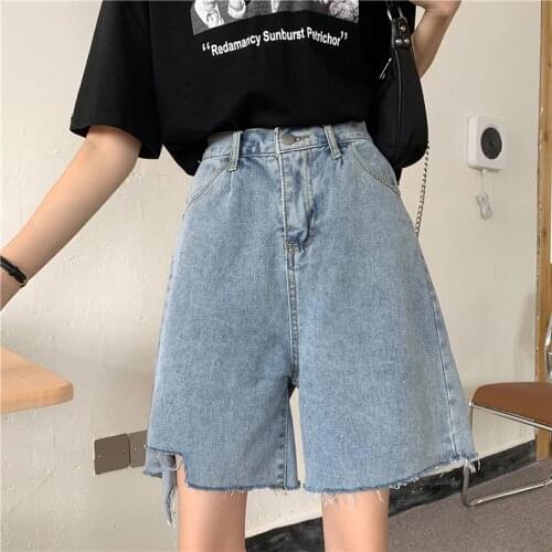 2021 New Womens Loose Denim Shorts Elastic Waist Ripped Hot Pants Thin High Waist five-point Short Jeans Pants for Girl Summer