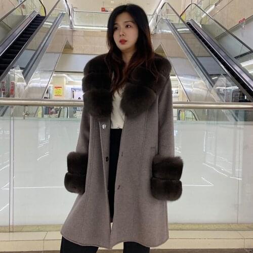 Cashmere Coat Women Wool Blend Jacket Winter Warm Fashion Overcoat Fox Fur Collar And Cuffs 2021 New Arrival