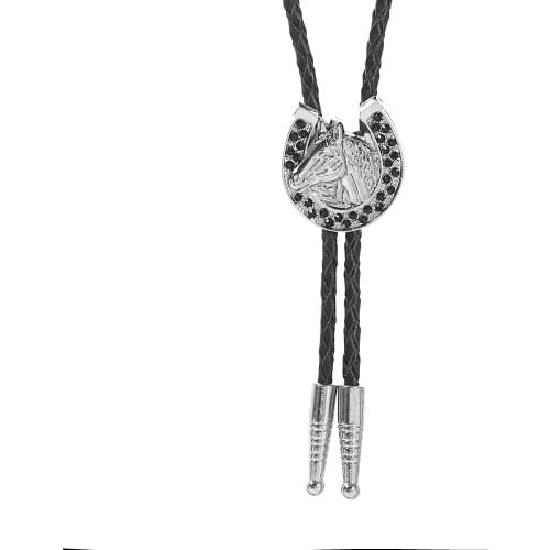 KDG Western Rodeo Horse Head Point Diamond Bolo Tie Pendant Necklace Leather Tie