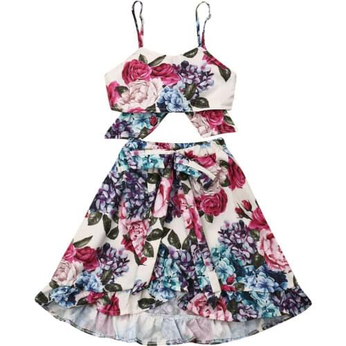 2Pcs Kids Toddler Baby Girl Set Clothes Flowers Print Sleeveless Sling Tops+Ruffles A-Line Skirts Outfit 1-6Y