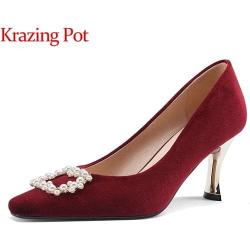 Krazing Pot flock square toe thin high heels wedding shoes pearl decoration beauty lady French romantic fashion women pumps L85
