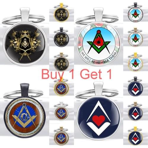 Buy 1 Get 1 Classic Handmade Masonic Symbol Glass Dome Freemason Metal Key Chain Unique Men Women Key Ring Jewelry Gifts