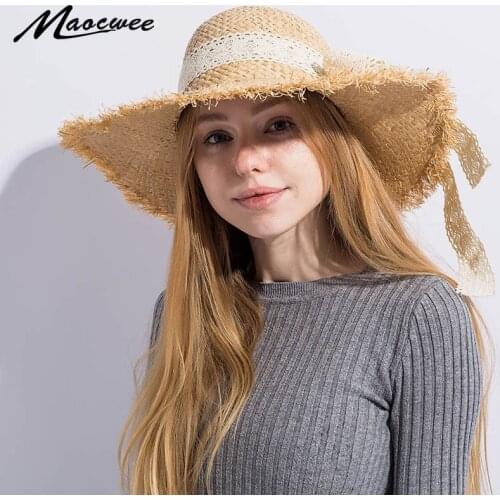 Summer beach fashion sun hat ladies bow straw hat fluffy wide-side folding female Lafite sunscreen visor