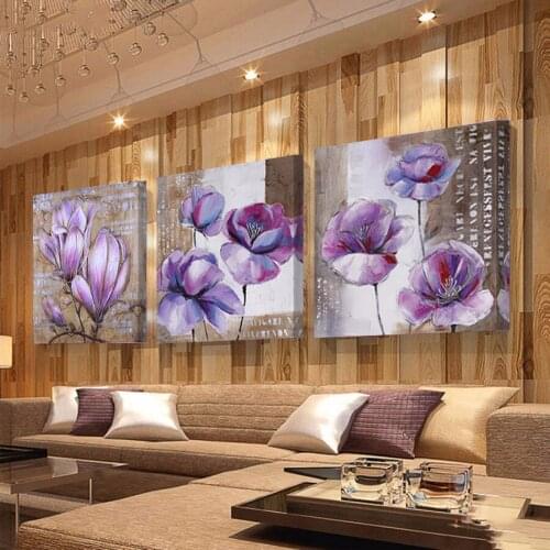 DIY 3D Diamond Embroidery Purple Flower Diamond painting Full square round mosaic picture rhinestone 3 Piece Vintage Home Decor
