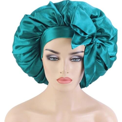 New Fashion Pure Colour Women Satin Night Sleep Cap Hair Bonnet Hat Silky Long Ribbon Streamer Head Cover