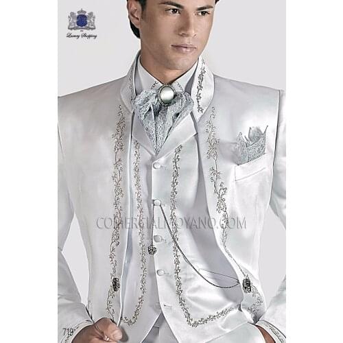 Latest Coat Pant Designs Italian White Satin Embroidery Men Suit Jacket Prom Blazer Slim Fit Custom 3 Piece Groom Tuxedo Ternos